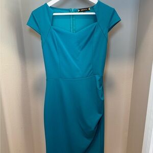 Miusol Blue Ruched Sheath Dress Square Neck Cap Sleeve